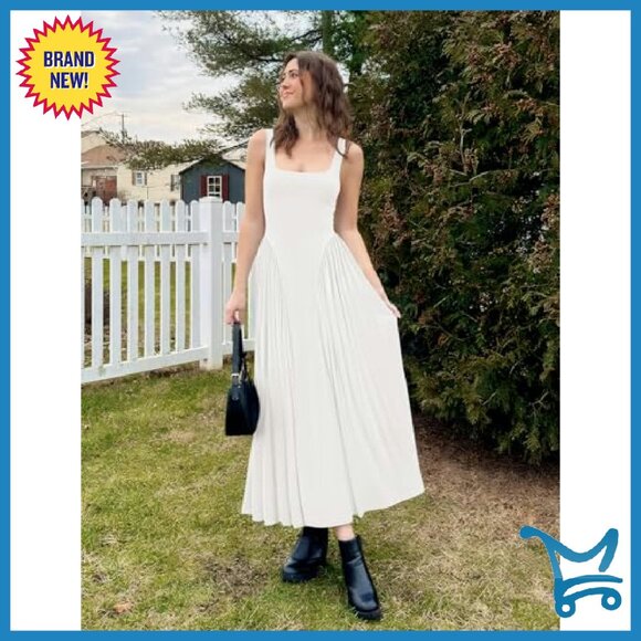 Sleeveless Square Neck Maxi Dress Flowy A-Line Summer Sundress - Picture 7 of 8